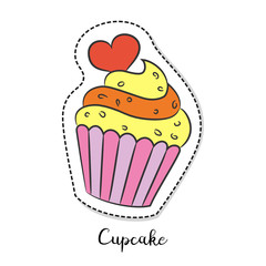 Cartoon sticker with cupcake on white background.