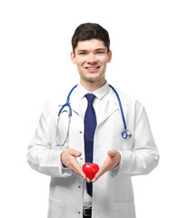 Handsome young cardiologist on white background