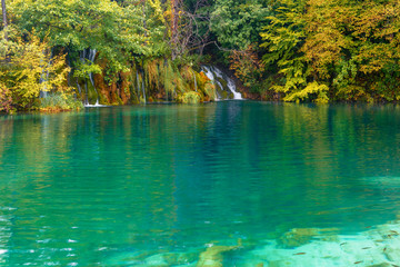 Plitvice turquoise-colored Lakes in Croatia. Fishes in lake