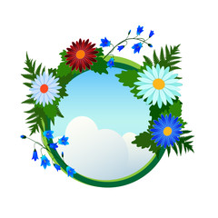 Round frame with flowers around the sky with clouds.