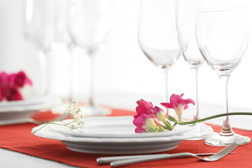 Beautiful festive table setting in cafe, closeup