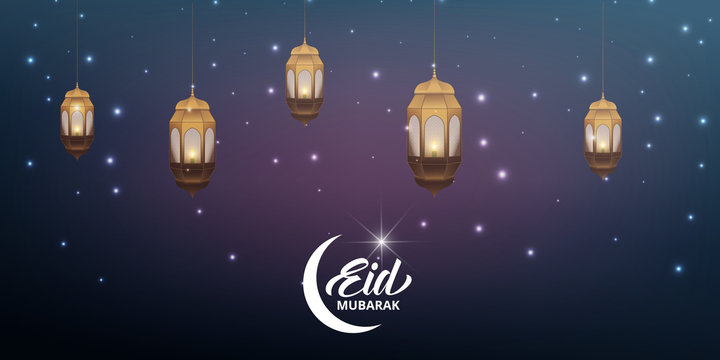 Eid Mubarak illustration with shiny arabic lanterns and glowing lights