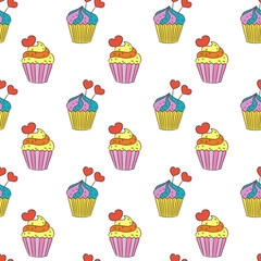 Seamless pattern with cupcakes on the white background.