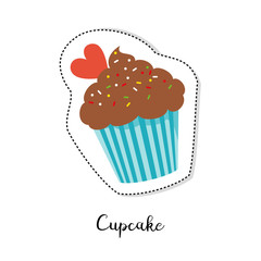 Cartoon sticker with cupcake on white background.