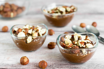 Avocado chocolate hazelnut cream served in three glasses