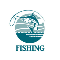 swordfish fishing emblem with waves and hook
