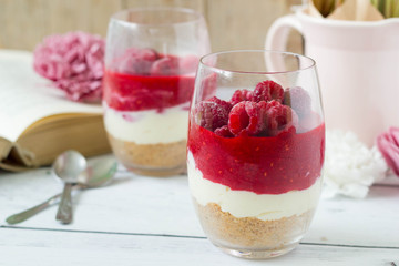 Raspberry-white chocolate layered dessert in glass