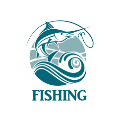 swordfish fishing emblem with waves and hook
