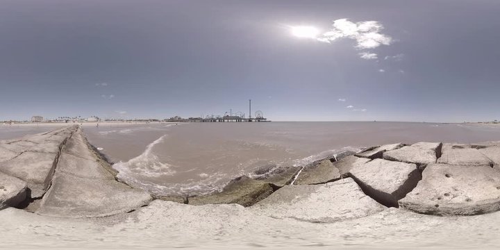 360 VR Video, Video panorama, Galveston Island Seawall Jetty next to The New Pleasure Pier, 2:1 aspect ratio, protune color