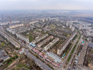 Naklejka na ściany i meble Aerial shot of the urban area of Kherson city with exciting cityscape