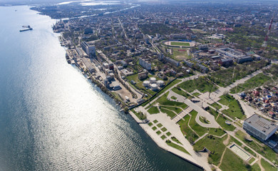 Fototapeta premium Aerial shot of the Dnipro quay with splendid riverscape and cityscape