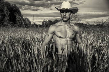 Portrait of sexy farmer or cowboy in hat looking to a side, while standing next to hay field in...
