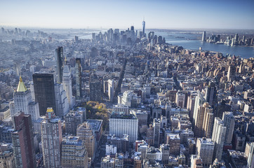New York city skyline in the morning.