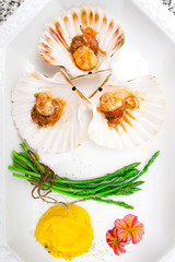 scallops with mango sauce and asparagus
