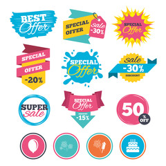 Birthday party icons. Cake and gift box symbol.