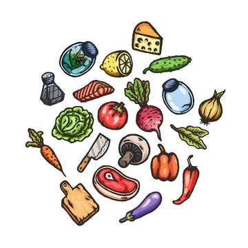 Set of hand drawn cartoon images of food and kitchen stuff.