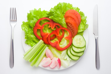 Vegetable salad, vegetarian, lettuce, pepper, cucumber, radish, onion, tomato, celery, fork knife, white background
