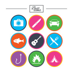 Camping travel icons. Fishing, tourist tent.