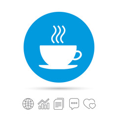 Coffee cup sign icon. Hot coffee button.