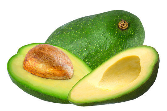 Isolated avocado. One  and 2 half  avocado over white background.