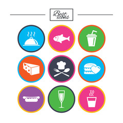 Food, drink icons. Alcohol, fish and burger.