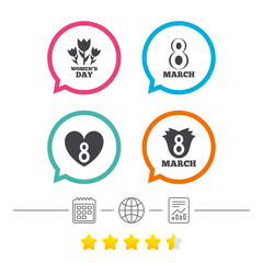 8 March Women's Day icons. Flower, heart symbols.