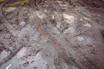 Naklejka premium Tire tracks on a muddy road.