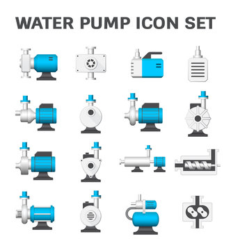 Vector icon of electric water pump and agriculture equipment for water distribution isolated on white background.