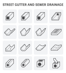 Street gutter, drainage system vector icon consist of grate cover, precast concrete i.e. sewer pipe, trench, ditch, channel and manhole for access cleaning, drain rainwater, stormwater from road, city