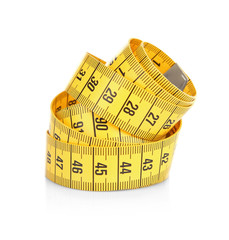Diet concept. Color measuring tape on white background