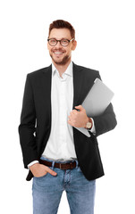 Handsome young man with laptop on white background