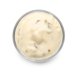 Delicious mayonnaise in bowl isolated on white