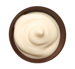 Delicious mayonnaise in bowl isolated on white
