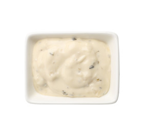 Delicious mayonnaise in bowl isolated on white