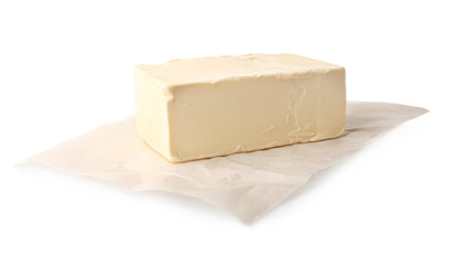 Delicious butter piece on white background, closeup