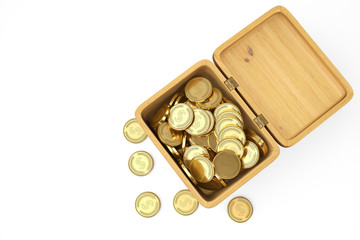 Gold coins on wood box.3D illustration.