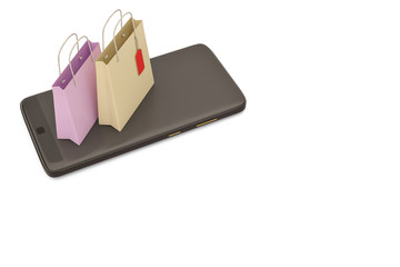 Smartphone with a shopping bag concept of online shopping.3D illustration.