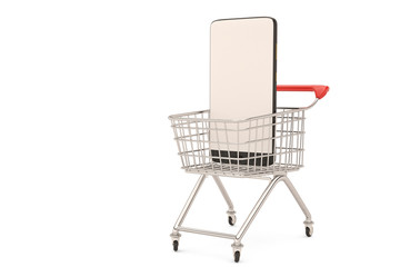 Online shopping concept mobile phone or smartphone with cart.3D illustration.