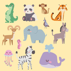 Obraz na płótnie Canvas Cute zoo cartoon animals isolated funny wildlife learn cute language and tropical nature safari mammal jungle tall characters vector illustration.