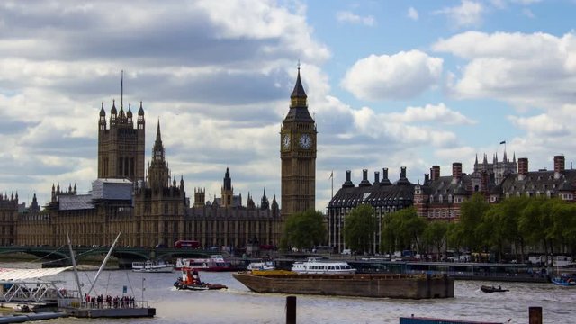 Big Ben, Westminster Parliamente, Thames River, Time Lapse, London, 4k
