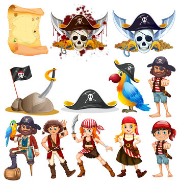Different pirate characters and pirate symbols