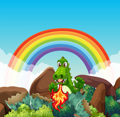 Obraz premium Green dragon blowing fire
