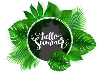 vector illustration of hand lettering - hello summer - with circle on a background of tropical leaves - monstera , palm, aralia
