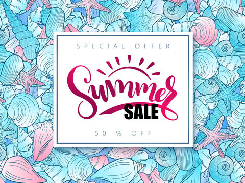 vector hand lettering summer sale banner on doddle seashells background