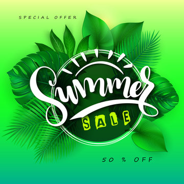 vector illustration of sale banner with hand lettering text, triangle frame and tropical leaves - monstera , palm, aralia