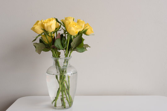 Yellow roses in glass vase on white table against neutral background with copy space to right