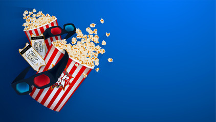 Set of popcorn, 3d glasses, cinema ticket. Drawn vector illustration, realistic cinematography design, vintage colorful background, art for online cinema, movie, film, theater,..