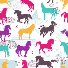 Magic Cute unicorns silhouettes, white stars, clouds. Stylish icons,vintage, background, horses tattoo. Hand drawn vector illustration, outline black, isolated different unicorn body collection