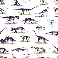 Set, silhouettes, dino skeletons, dinosaurs, fossils. Hand drawn vector illustration. Comparison of sizes, realistic Sketch collection: diplodocus, triceratops, tyrannosaurus, doodle pattern...