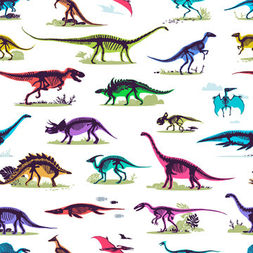 Set, silhouettes, dino skeletons, dinosaurs, fossils. Hand drawn vector illustration. Comparison of sizes, realistic Sketch collection: diplodocus, triceratops, tyrannosaurus, doodle pattern...